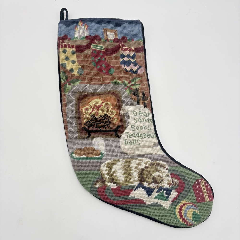 Dog Needlepoint Christmas Stocking Fireplace Santa Letter Velvet Back Vintage